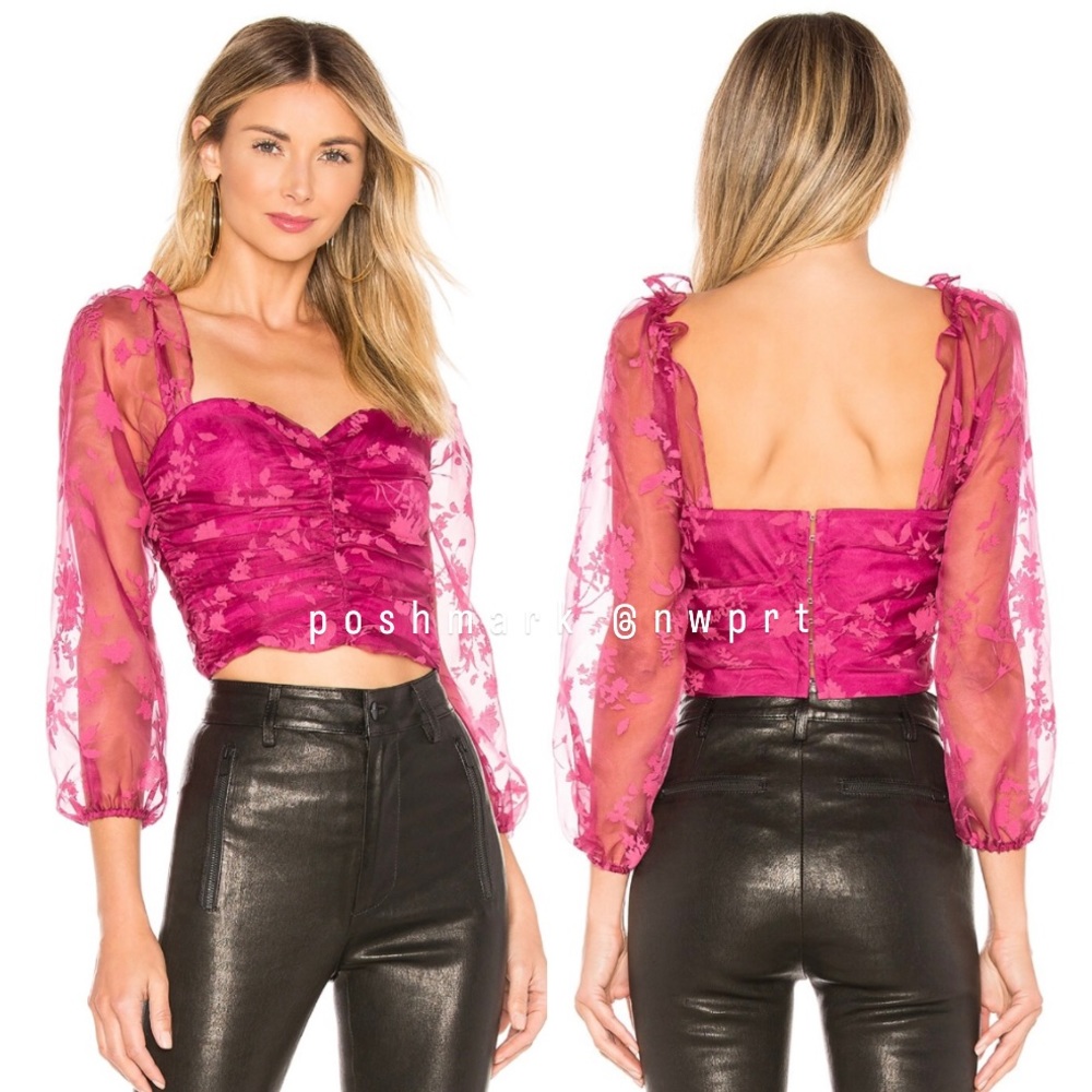 LOVERS + FRIENDS 💘 Octavia Pink Magenta Crop Top Ruched Blouse Puff Sleeve XS